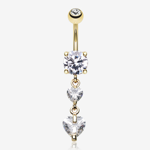 Golden Elegant Double Hearts Belly Button Ring-Clear Gem