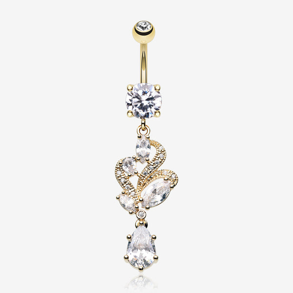 Golden Elegant Luster Vines Belly Button Ring-Clear Gem