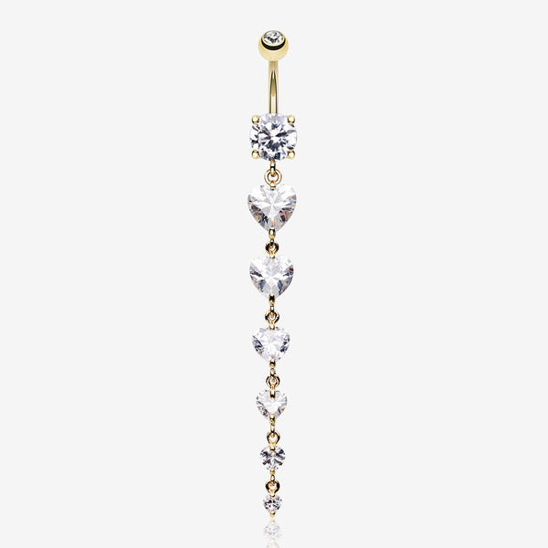 Golden Enchanting Heart Cascade Belly Ring-Clear Gem