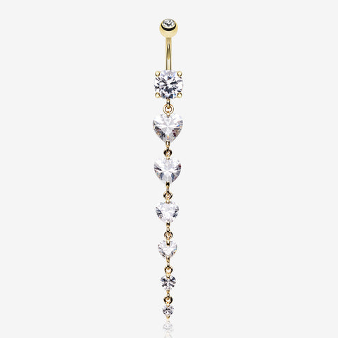 Golden Enchanting Heart Cascade Belly Ring-Clear Gem