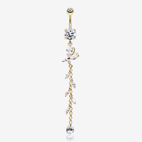 Golden Butterfly Gem Sparkle Belly Button Ring-Clear Gem