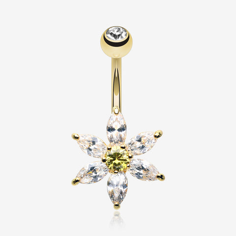 Golden Glistening Flower Bliss Belly Button Ring-Clear Gem