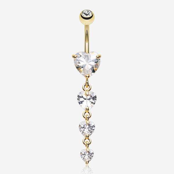 Golden Brilliant Heart Cascade Belly Button Ring-Clear Gem