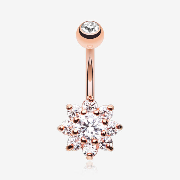 Rose Gold Spring Flower Sparkle Belly Button Ring-Clear Gem