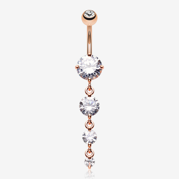 Rose Gold Brilliant Gem Cascade Belly Button Ring-Clear Gem