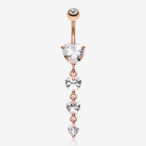 Rose Gold Brilliant Heart Cascade Belly Button Ring-Clear Gem