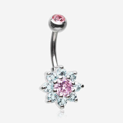 Glistening Spring Flower Sparkle Belly Button Ring-Pink/Aqua