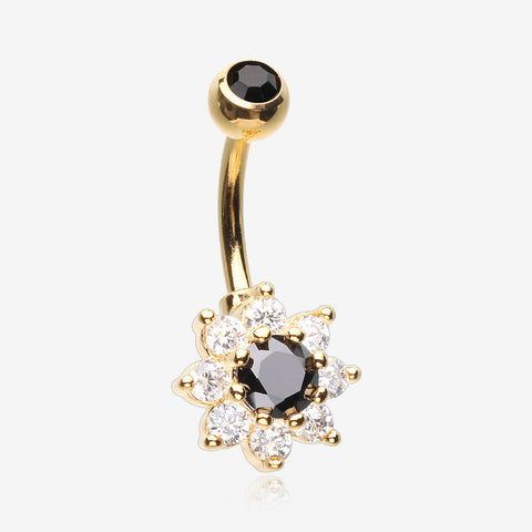 Golden Glistening Spring Flower Sparkle Belly Button Ring-Black/Clear