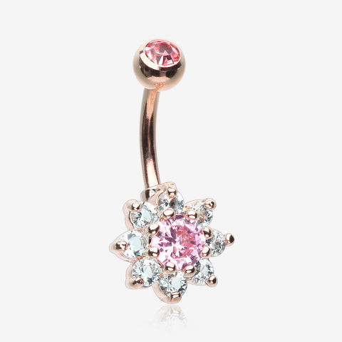 Rose Gold Glistening Spring Flower Sparkle Belly Button Ring-Pink/Aqua