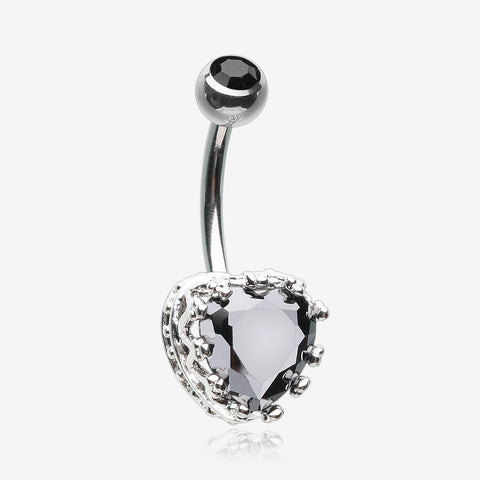 Princess Crown Prong Heart Sparkle Belly Button Ring-Black