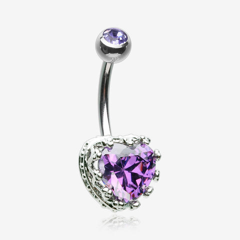 Princess Crown Prong Heart Sparkle Belly Button Ring-Purple