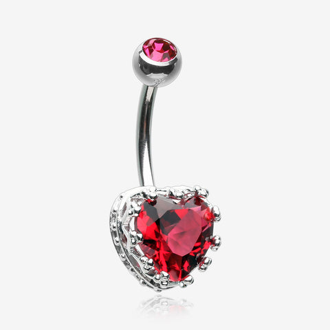 Princess Crown Prong Heart Sparkle Belly Button Ring-Red