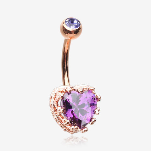 Rose Gold Princess Crown Prong Heart Sparkle Belly Button Ring-Purple