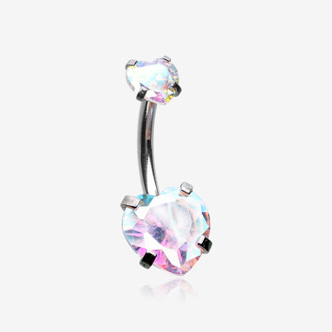 Double Heart Sparkle Prong Internally Threaded Belly Button Ring-Aurora Borealis