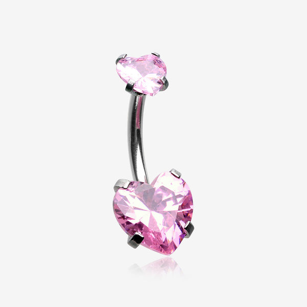 Double Heart Sparkle Prong Internally Threaded Belly Button Ring-Pink