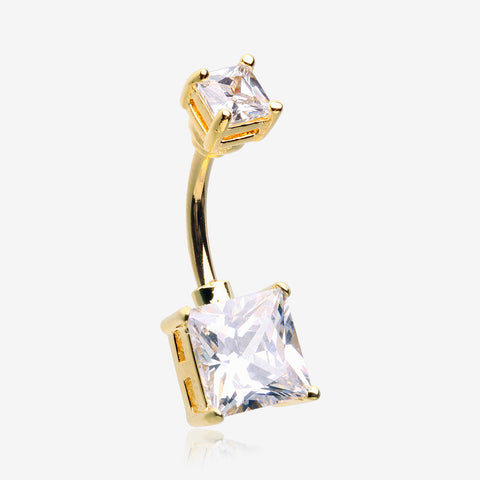 Golden Classic Square Prong Set Gem Belly Button Ring-Clear Gem