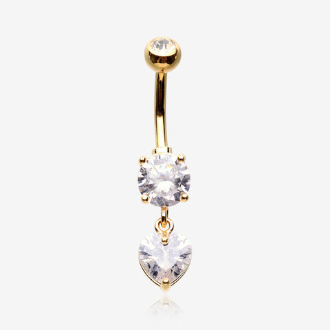 Golden Elegant Heart Drop Sparkle Belly Button Ring-Clear Gem