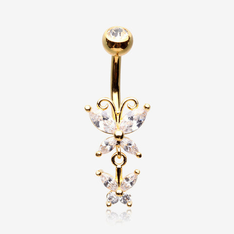 Golden Butterfly Duo Sparkle Belly Button Ring-Clear Gem