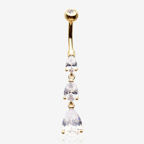 Golden Cascading Teardrop Sparkles Belly Button Ring-Clear Gem