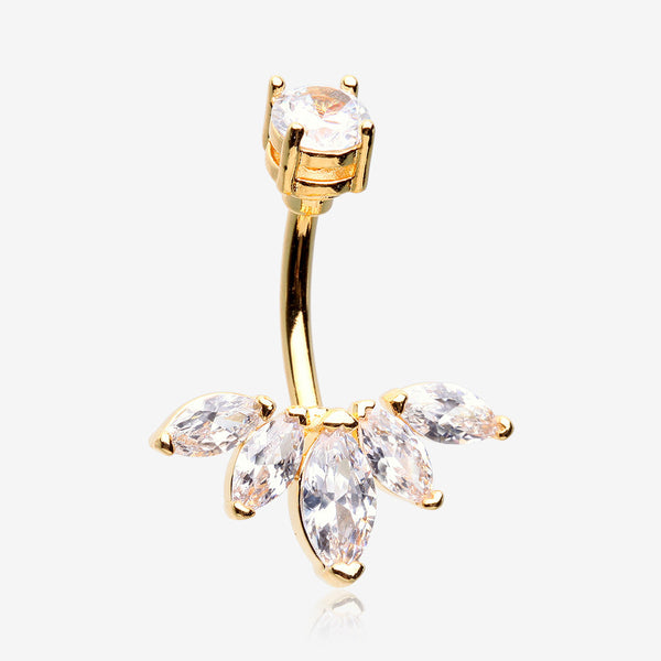 Golden Lotus Marquise Floral Sparkle Belly Button Ring-Clear Gem