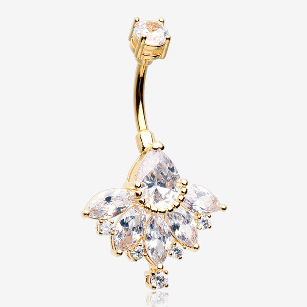 Golden Floral Elegant Art Deco Sparkle Belly Button Ring -Clear Gem