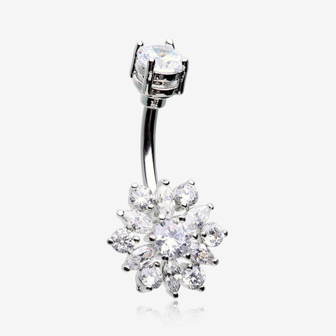 Brilliant Sunburst Floral Sparkle Belly Button Ring-Clear Gem