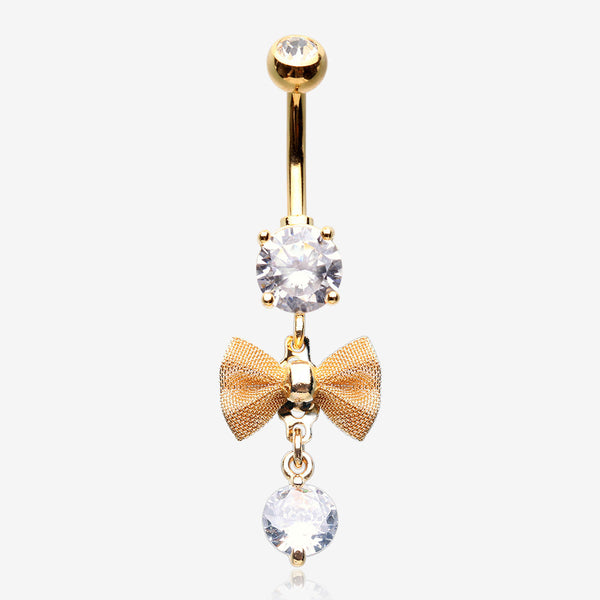 Golden Dainty Bow-Tie Prong Gem Sparkle Belly Button Ring-Clear Gem