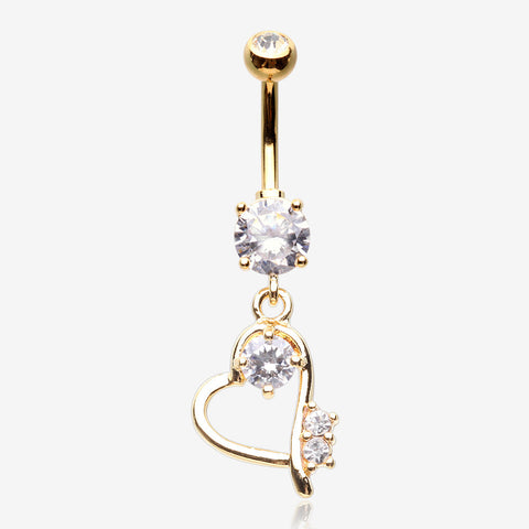 Golden Journey Heart Curvature Sparkles Belly Button Ring-Clear Gem