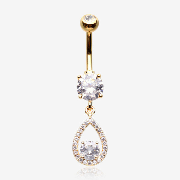 Golden Luscious Teardrop Multi-Gem Sparkle Belly Button Ring-Clear Gem