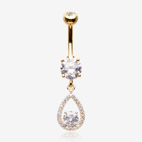 Golden Luscious Teardrop Multi-Gem Sparkle Belly Button Ring-Clear Gem