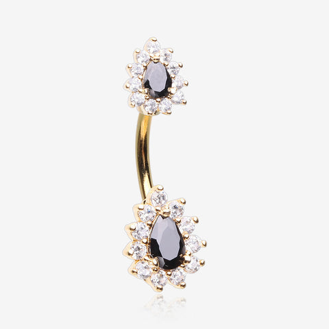 Golden Glistening Teardrop Floral Sparkle Belly Button Ring-Clear Gem/Black