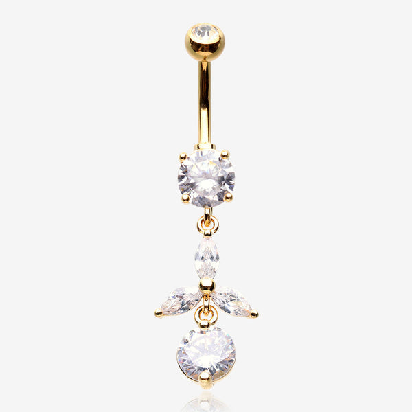 Golden Tri-Marquise Floral Leaf Sparkles Belly Button Ring-Clear Gem