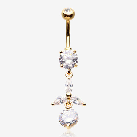 Golden Tri-Marquise Floral Leaf Sparkles Belly Button Ring-Clear Gem