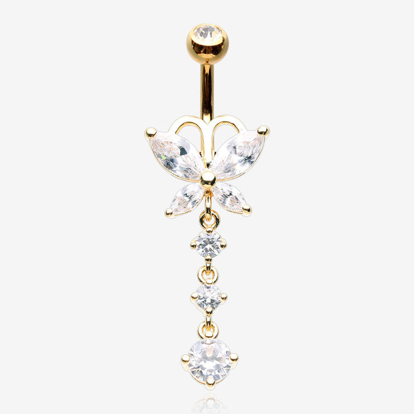 Golden Butterfly Sparkle Cascading Gems Belly Button Ring-Clear Gem