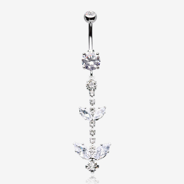 Shimmering Sparkle Leaflet Floral Cascading Belly Button Ring-Clear Gem