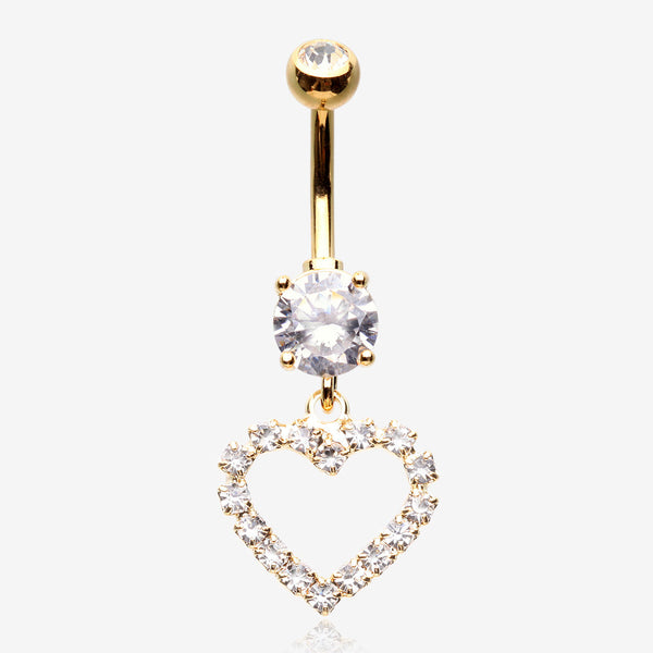 Golden Luscious Hollow Heart Sparkle Splendid Belly Button Ring-Clear Gem