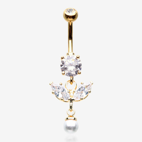 Golden Marquise Sparkle Leaflet Gem Pearlescent Dangle Belly Button Ring-Clear Gem