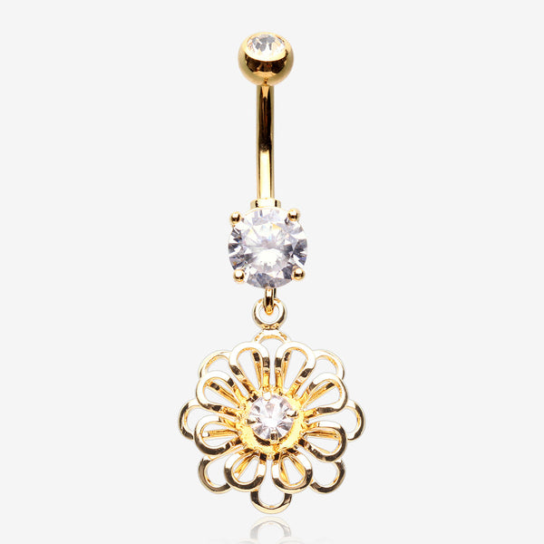 Golden Breeze Sparkle Flower Belly Button Ring-Clear Gem