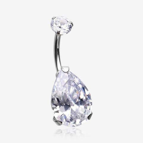 Brilliant Teardrop Sparkle Internally Threaded Steel Belly Ring-Clear Gem