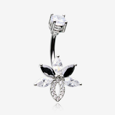 Marquise Brilliance Leaflet Flower Sparkle Belly Button Ring-Clear Gem/Black