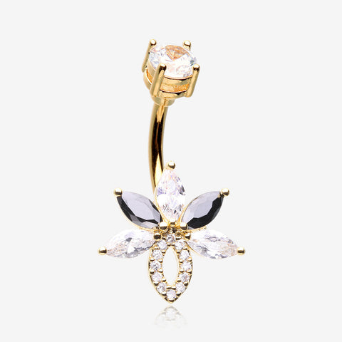 Golden Marquise Brilliance Leaflet Flower Sparkle Belly Button Ring-Clear Gem/Black