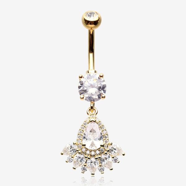 Golden Magnificent Sparkle Floral Teardrop Belly Button Ring-Clear Gem