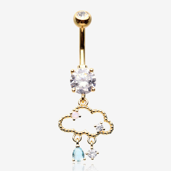 Golden Adorable Cloud Rainy Sparkles Belly Button Ring-Clear Gem/Pink/Aqua