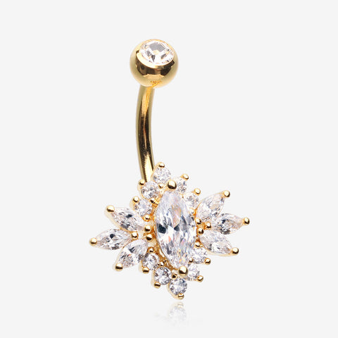 Golden Glistening Marquise Flower Sparkle Belly Button Ring-Clear Gem