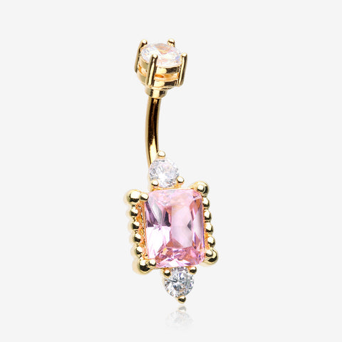 Golden Princess Sparkle Adornment Belly Button Ring-Clear Gem/Pink