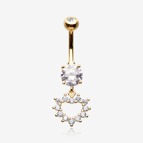 Golden Brilliant Hollow Heart Sparkle Belly Button Ring-Clear Gem