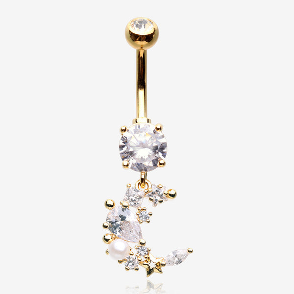 Golden Celestial Sparkle Crescent Moon Array Belly Button Ring-Clear Gem