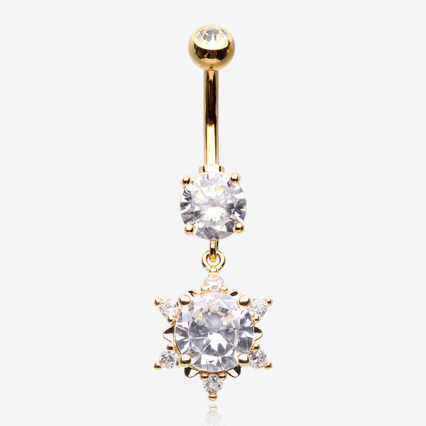 Golden Brilliant Starburst Sparkle Belly Button Ring-Clear Gem