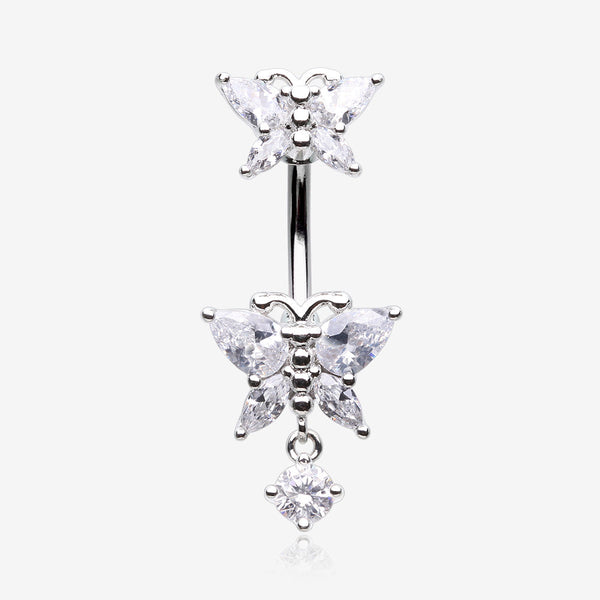 Glistening Butterfly Sparkle Duo Dangle Belly Button Ring-Clear Gem