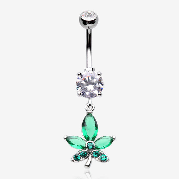 Sparkle Cannabis Leaf Belly Button Ring-Clear Gem/Green